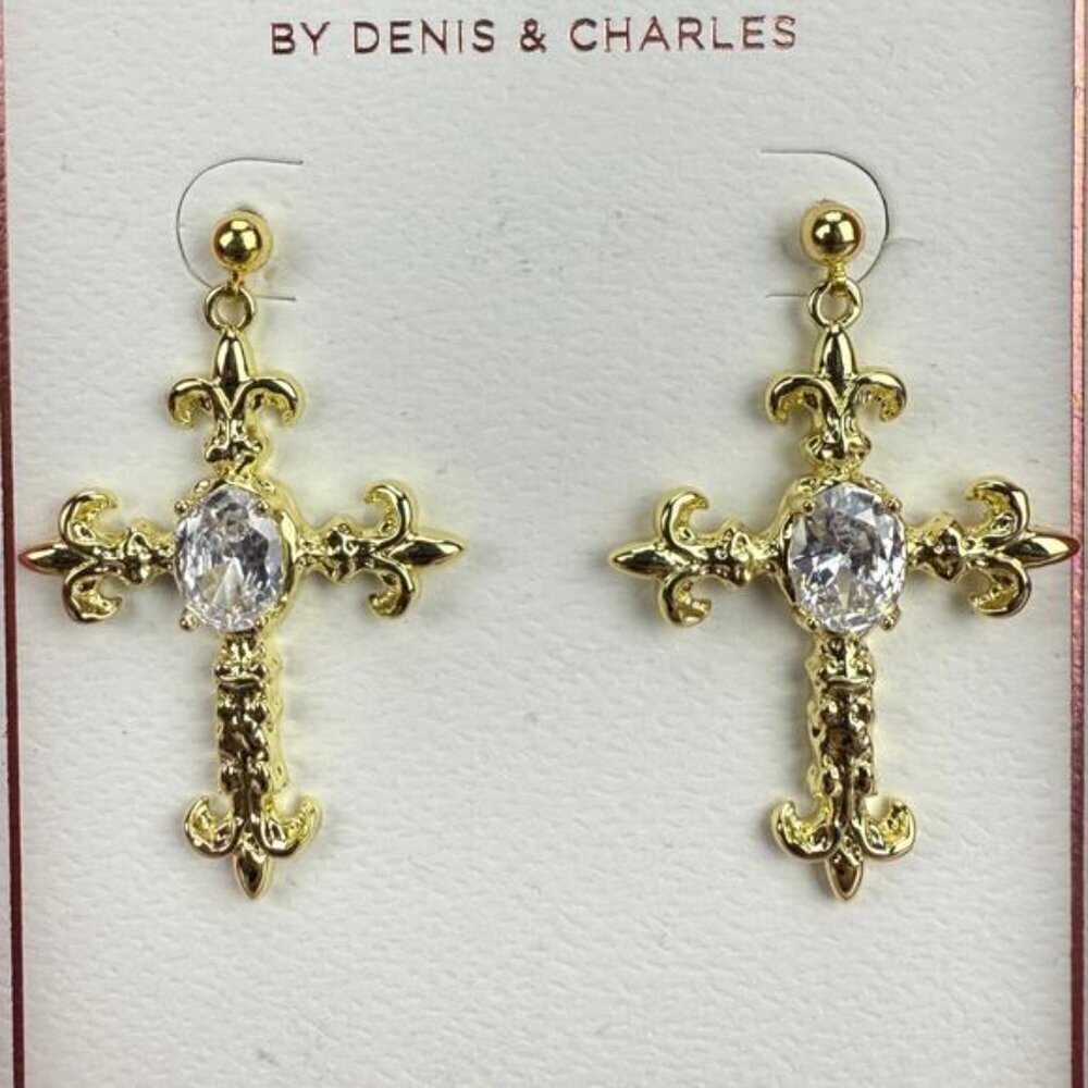 NWT RUSH Gold Cross Rhinestone Earrings - Picture 3 of 6